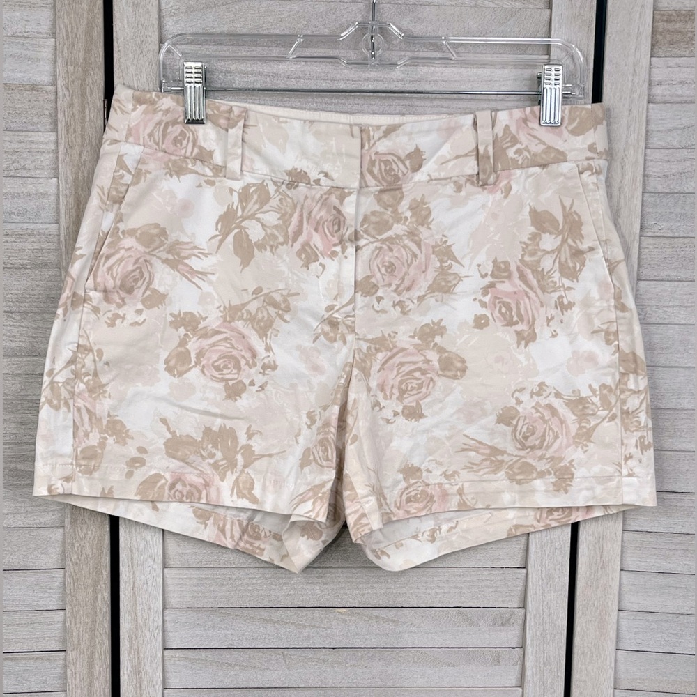 ANN TAYLOR Chino Shorts Floral Print Beige White Pink -10